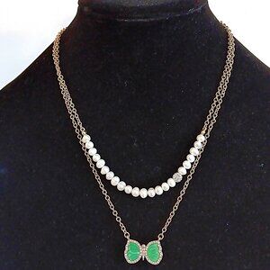 Park Lane Green Butterfly Faux Pearl Gold Tone Necklace NEW